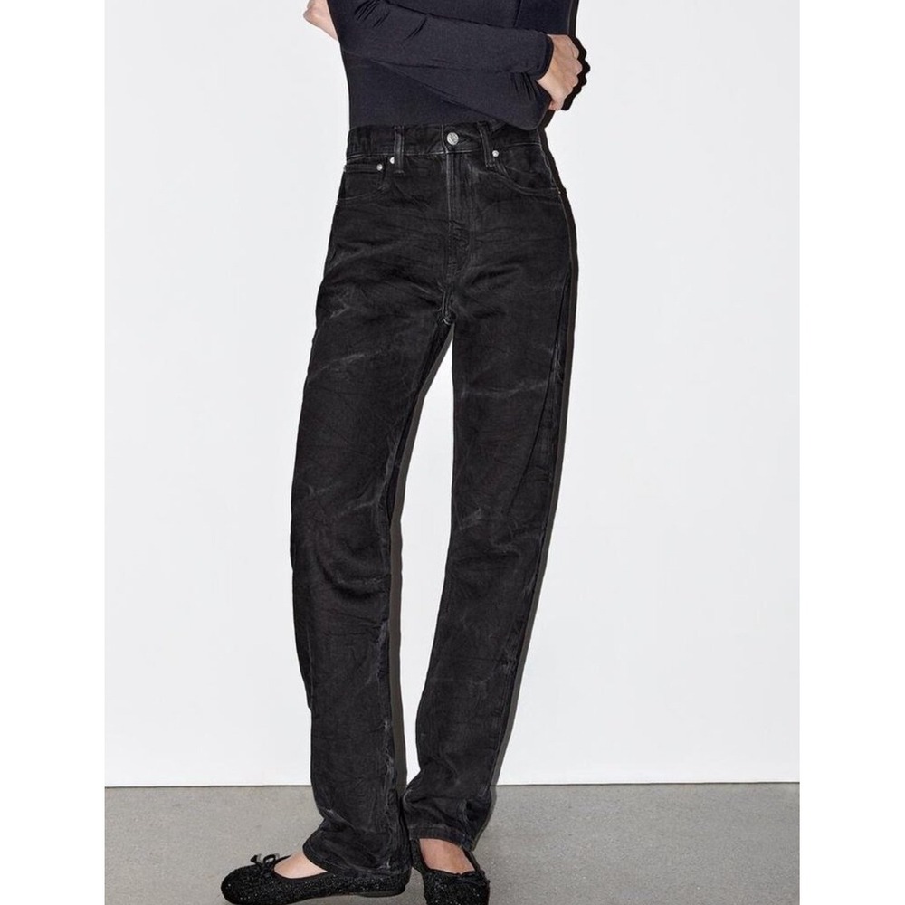 NWT Zara Signature Denim Mid Rise Relaxed Fit Jeans Marble Black Size US 4 #1165